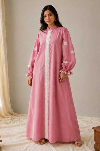 Buy_Wazir C_Pink Linen Mandarin Collar Sehar Kashmiri Aari Embroidered Dress _at_Aza_Fashions
