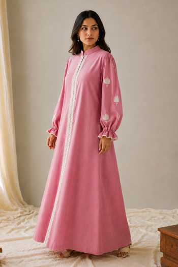 Shop_Wazir C_Pink Linen Mandarin Collar Sehar Kashmiri Aari Embroidered Dress _Online_at_Aza_Fashions