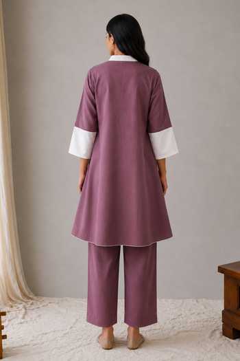 Shop_Wazir C_Lavender Linen Mandarin Collar, Yes Sehar Kashmiri Embroidered Kurta And Pant Set _at_Aza_Fashions