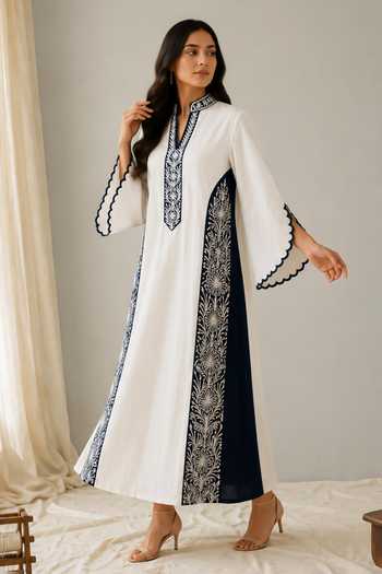 Wazir C_White Linen Mandarin Collar Sehar Kashmiri Embroidered Dress _Online_at_Aza_Fashions