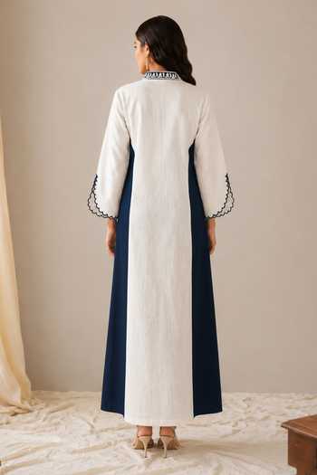 Shop_Wazir C_White Linen Mandarin Collar Sehar Kashmiri Embroidered Dress _at_Aza_Fashions
