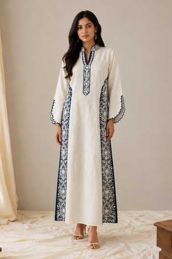 Buy_Wazir C_White Linen Mandarin Collar Sehar Kashmiri Embroidered Dress _at_Aza_Fashions
