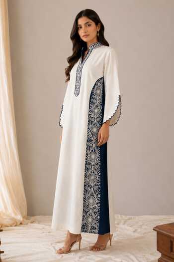 Buy_Wazir C_White Linen Mandarin Collar Sehar Kashmiri Embroidered Dress _Online_at_Aza_Fashions