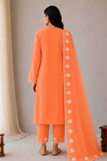 Shop_Wazir C_Orange Cotton, Organza V-neck, Yes Sehar Kashmiri Embroidered Kurta Set _at_Aza_Fashions