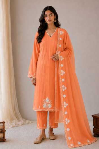 Buy_Wazir C_Orange Cotton, Organza V-neck, Yes Sehar Kashmiri Embroidered Kurta Set _at_Aza_Fashions