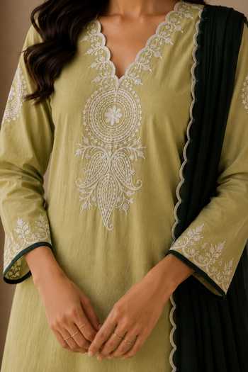 Wazir C_Olive Green Linen, Organza V-neck Sehar Kashmiri Embroidered Kurta Set _Online_at_Aza_Fashions
