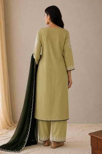 Shop_Wazir C_Olive Green Linen, Organza V-neck Sehar Kashmiri Embroidered Kurta Set _at_Aza_Fashions