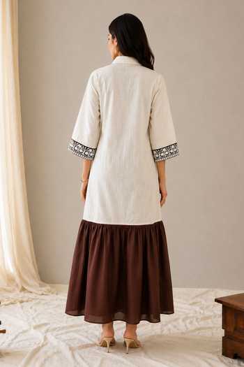 Shop_Wazir C_White Cotton, Linen Collared Neck Sehar Kashmiri Aari Work Color Block Dress _at_Aza_Fashions