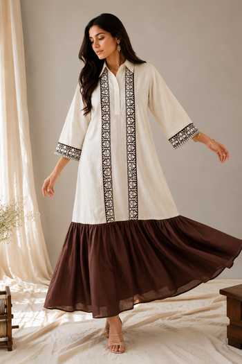 Buy_Wazir C_White Cotton, Linen Collared Neck Sehar Kashmiri Aari Work Color Block Dress _Online_at_Aza_Fashions