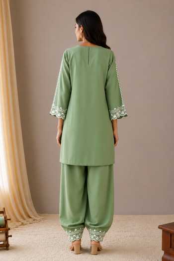 Shop_Wazir C_Mint Cotton, Organza Round Neck, Yes Sehar Kashmiri Embroidered Kurta Set _at_Aza_Fashions