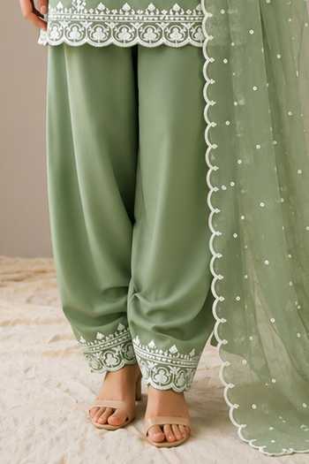 Buy_Wazir C_Mint Cotton, Organza Round Neck, Yes Sehar Kashmiri Embroidered Kurta Set _Online_at_Aza_Fashions
