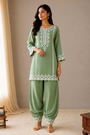 Shop_Wazir C_Mint Cotton, Organza Round Neck, Yes Sehar Kashmiri Embroidered Kurta Set _Online_at_Aza_Fashions
