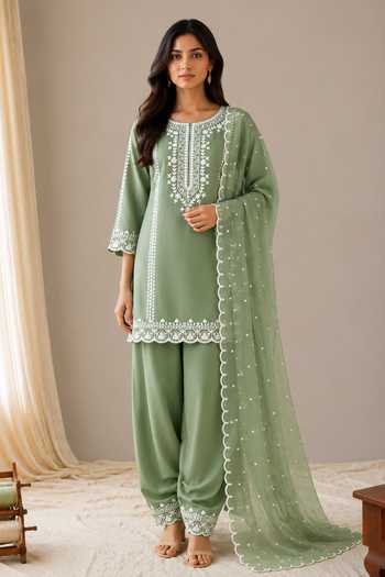 Buy_Wazir C_Mint Cotton, Organza Round Neck, Yes Sehar Kashmiri Embroidered Kurta Set _at_Aza_Fashions