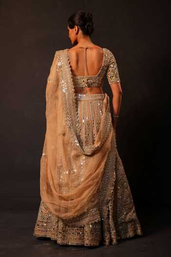 Shop_Smriti By Anju Agarwal_Gold Silk Scoop Neck Aurum Glint Embroidered Lehenga Set _at_Aza_Fashions