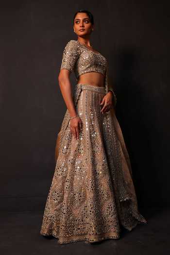 Smriti By Anju Agarwal_Gold Silk Scoop Neck Aurum Glint Embroidered Lehenga Set _Online_at_Aza_Fashions