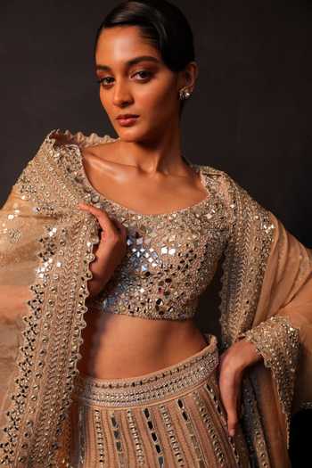Buy_Smriti By Anju Agarwal_Gold Silk Scoop Neck Aurum Glint Embroidered Lehenga Set _Online_at_Aza_Fashions