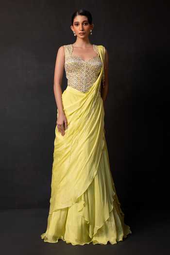 Buy_Smriti By Anju Agarwal_Green Georgette, Chinon Lumi Lime Pre-draped Sareee With Embellished Corset _at_Aza_Fashions