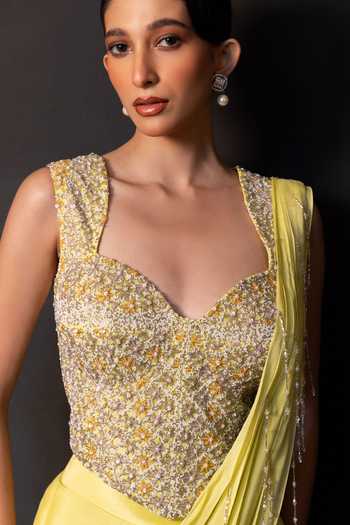 Buy_Smriti By Anju Agarwal_Green Georgette, Chinon Lumi Lime Pre-draped Sareee With Embellished Corset _Online_at_Aza_Fashions