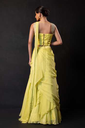 Shop_Smriti By Anju Agarwal_Green Georgette, Chinon Lumi Lime Pre-draped Sareee With Embellished Corset _at_Aza_Fashions