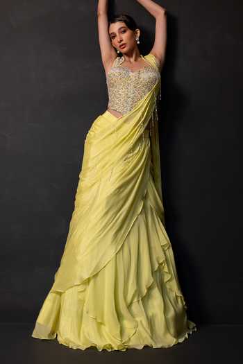 Shop_Smriti By Anju Agarwal_Green Georgette, Chinon Lumi Lime Pre-draped Sareee With Embellished Corset _Online_at_Aza_Fashions