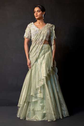 Smriti By Anju Agarwal_Green Organza, Tissue V-neck Fern Aura Pre-draped Ruffle Saree With Blouse _Online_at_Aza_Fashions