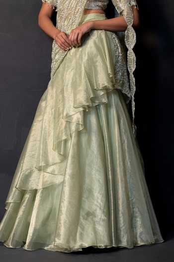 Buy_Smriti By Anju Agarwal_Green Organza, Tissue V-neck Fern Aura Pre-draped Ruffle Saree With Blouse _Online_at_Aza_Fashions