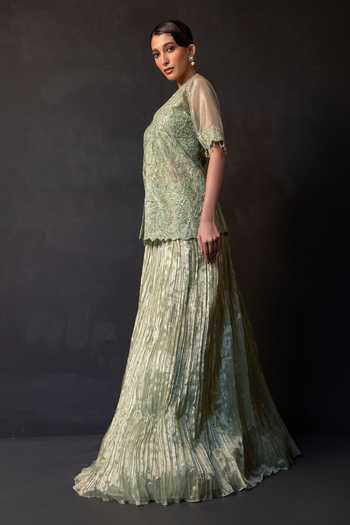 Smriti By Anju Agarwal_Green Tissue V-neck Haze Embroidered Top And Skirt Set _Online_at_Aza_Fashions