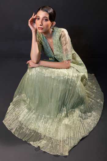 Buy_Smriti By Anju Agarwal_Green Tissue V-neck Haze Embroidered Top And Skirt Set _Online_at_Aza_Fashions