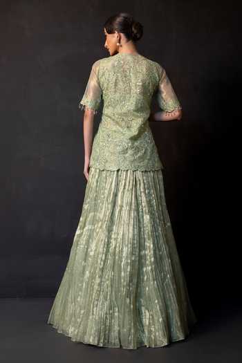 Shop_Smriti By Anju Agarwal_Green Tissue V-neck Haze Embroidered Top And Skirt Set _at_Aza_Fashions