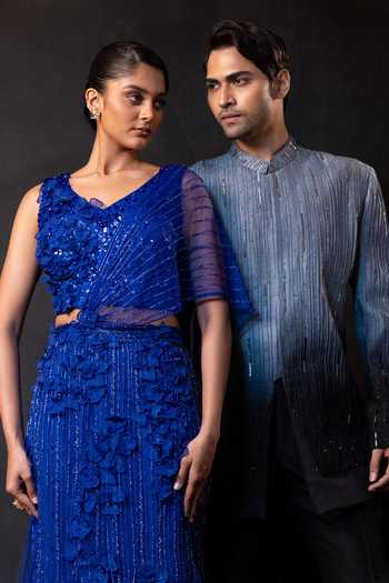 Shop_Smriti By Anju Agarwal_Blue Net Scoop Neck Midnight Bloom Embellished Pre-draped Saree Set _Online_at_Aza_Fashions