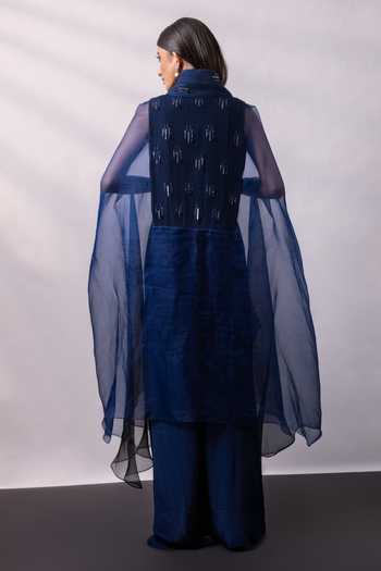 Shop_Smriti By Anju Agarwal_Blue Organza, Chinon High Neck, Sweetheart Royal Shadow Beadwork Cape Skirt Set _at_Aza_Fashions