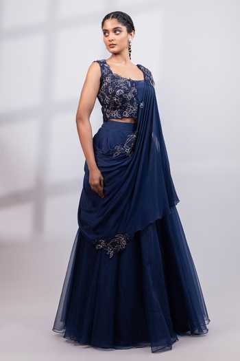 Buy_Smriti By Anju Agarwal_Navy Organza Square Neck Eclipse Fall Applique Embroidered Blouse Lehenga Set _Online_at_Aza_Fashions