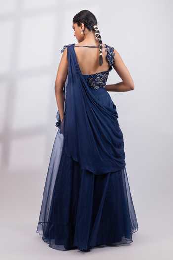Shop_Smriti By Anju Agarwal_Navy Organza Square Neck Eclipse Fall Applique Embroidered Blouse Lehenga Set _at_Aza_Fashions