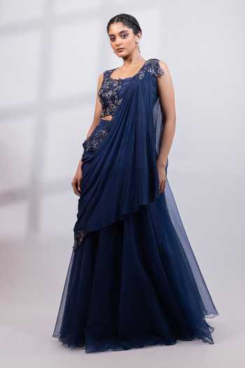 Buy_Smriti By Anju Agarwal_Navy Organza Square Neck Eclipse Fall Applique Embroidered Blouse Lehenga Set _at_Aza_Fashions
