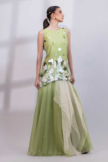 Buy_Smriti By Anju Agarwal_Green Silk, Organza Round Neck Dew Drift Embellished Top And Skirt Set _at_Aza_Fashions