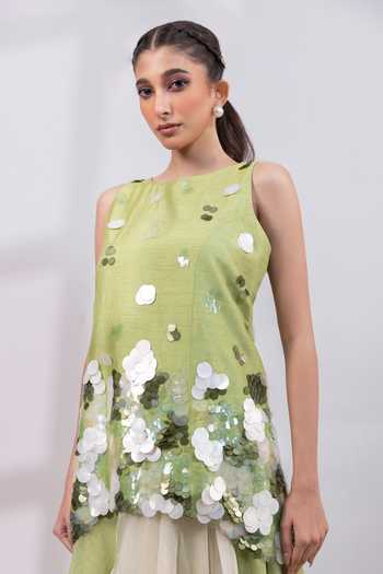 Smriti By Anju Agarwal_Green Silk, Organza Round Neck Dew Drift Embellished Top And Skirt Set _at_Aza_Fashions