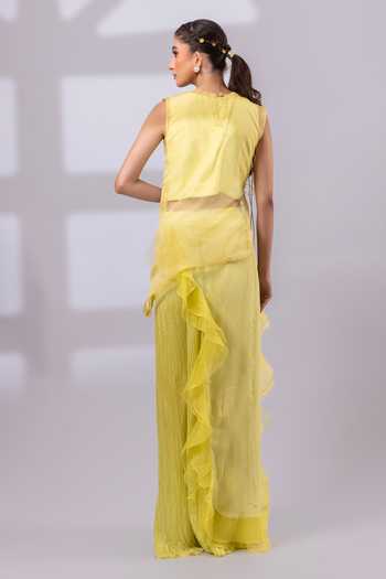 Shop_Smriti By Anju Agarwal_Lime Organza, Chinon Round Neck Neon Bloom Layered Overlay And Pant Set _at_Aza_Fashions