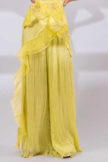 Buy_Smriti By Anju Agarwal_Lime Organza, Chinon Round Neck Neon Bloom Layered Overlay And Pant Set _Online_at_Aza_Fashions