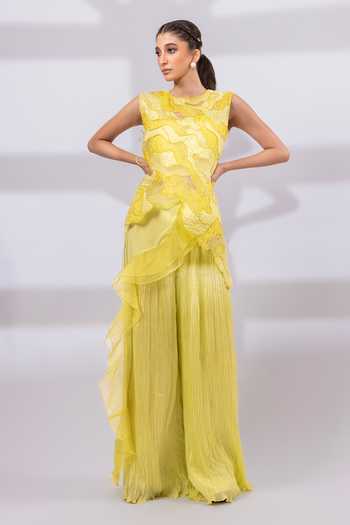 Buy_Smriti By Anju Agarwal_Lime Organza, Chinon Round Neck Neon Bloom Layered Overlay And Pant Set _at_Aza_Fashions