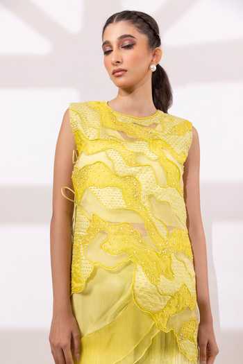 Buy_Smriti By Anju Agarwal_Lime Organza, Chinon Round Neck Neon Bloom Layered Overlay And Pant Set 