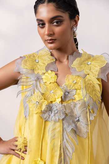 Smriti By Anju Agarwal_Yellow Silk, Organza Tassels, Applique, Fabric Solar Blossom Overlay And Pant Set _Online_at_Aza_Fashions