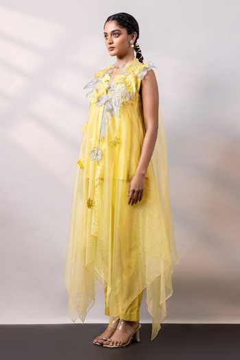 Buy_Smriti By Anju Agarwal_Yellow Silk, Organza Tassels, Applique, Fabric Solar Blossom Overlay And Pant Set _Online_at_Aza_Fashions