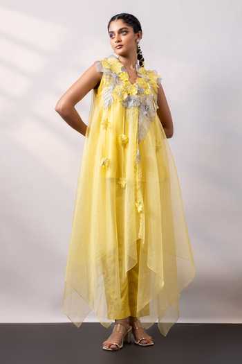 Shop_Smriti By Anju Agarwal_Yellow Silk, Organza Tassels, Applique, Fabric Solar Blossom Overlay And Pant Set _Online_at_Aza_Fashions