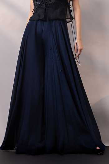 Smriti By Anju Agarwal_Blue Organza, Chinon Round Neck Night Garden Embellished Cape With Jumpsuit _Online_at_Aza_Fashions