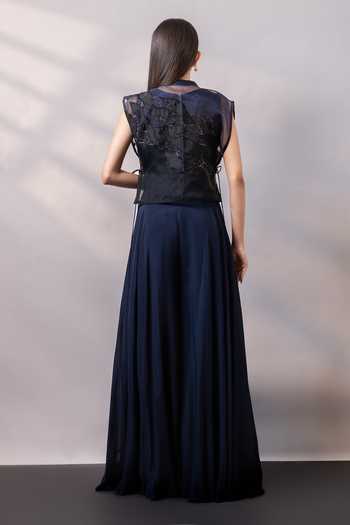 Shop_Smriti By Anju Agarwal_Blue Organza, Chinon Round Neck Night Garden Embellished Cape With Jumpsuit _at_Aza_Fashions