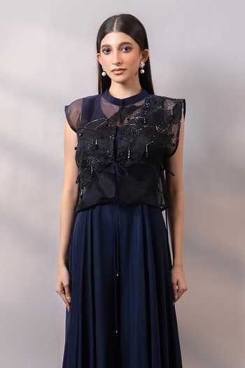 Buy_Smriti By Anju Agarwal_Blue Organza, Chinon Round Neck Night Garden Embellished Cape With Jumpsuit _Online_at_Aza_Fashions