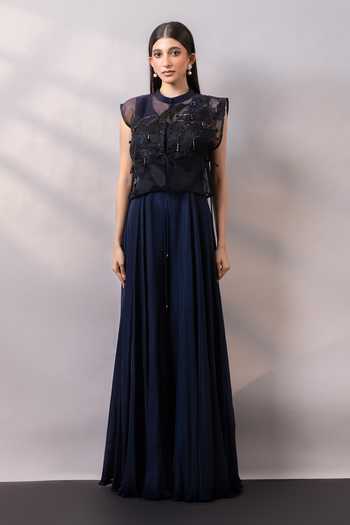 Smriti By Anju Agarwal_Blue Organza, Chinon Round Neck Night Garden Embellished Cape With Jumpsuit _at_Aza_Fashions