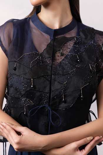 Buy_Smriti By Anju Agarwal_Blue Organza, Chinon Round Neck Night Garden Embellished Cape With Jumpsuit 