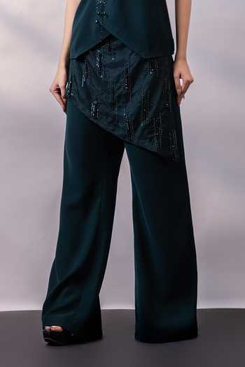 Smriti By Anju Agarwal_Emerald Green Asymmetric , Square Cascade Embellished Top Pant Set _Online_at_Aza_Fashions