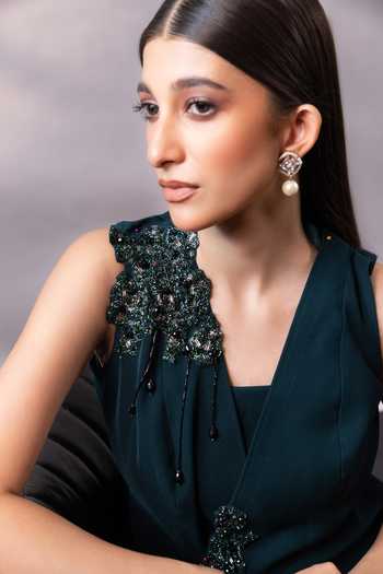 Buy_Smriti By Anju Agarwal_Emerald Green Asymmetric , Square Cascade Embellished Top Pant Set _Online_at_Aza_Fashions